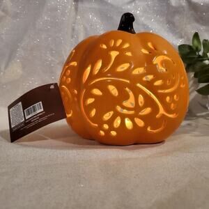 𝅺NEW  Light-Up LED Orange Festive Fall Harvest Ceramic Pumpkin